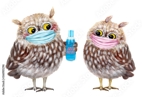 Two funny owls in medical masks. Hand drawn watercolor
