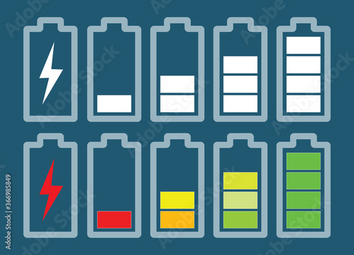battery icon set, blue background, vector illustration 