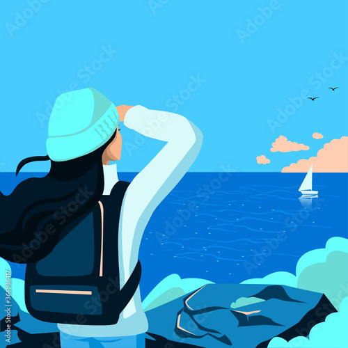 A girl with a backpack goes on a hike and looks at a sailboat in the sea. Flat illustration of travel and recreation. Template for invitations, brochures and posters.