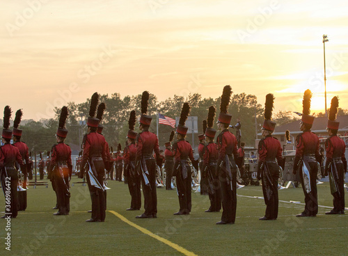 Marching band.  Instruments and people in a marching band.  