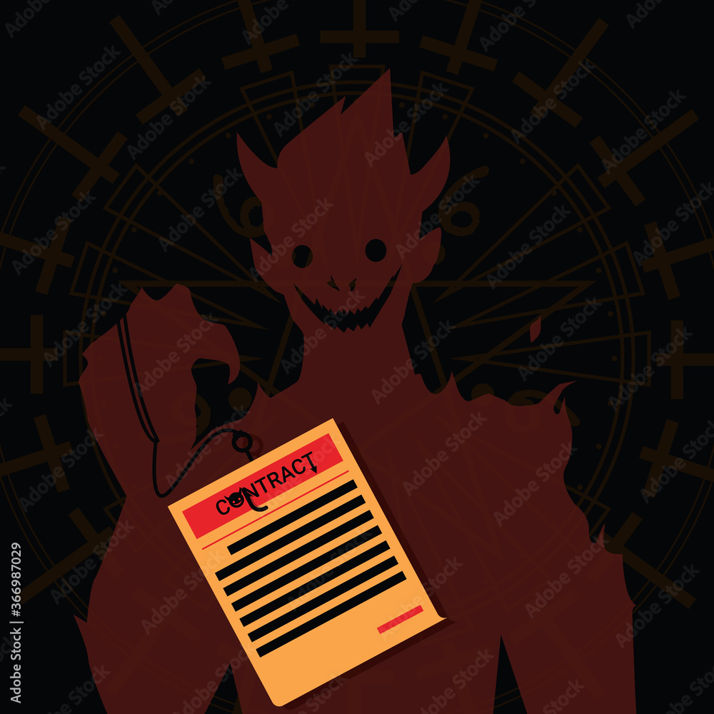 Devil and contract offering concept. Scary evil offers deal to sign in ...