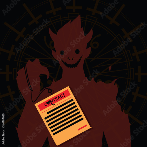 Devil and contract offering concept. Scary evil offers deal to sign in blood. Red Satan with document background with magic circle. Dealing with the devil to sell the soul. Flat vector illustration