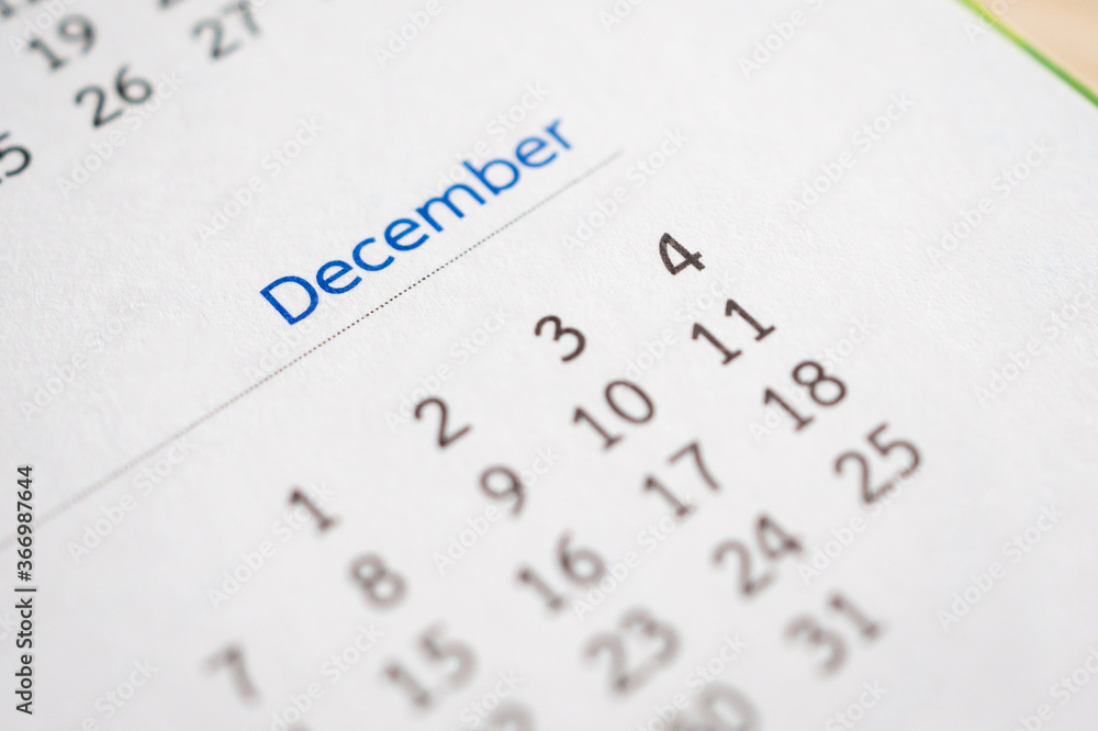 December calendar page with months and dates business planning appointment meeting concept December calendar page with months and dates business planning appointment meeting concept