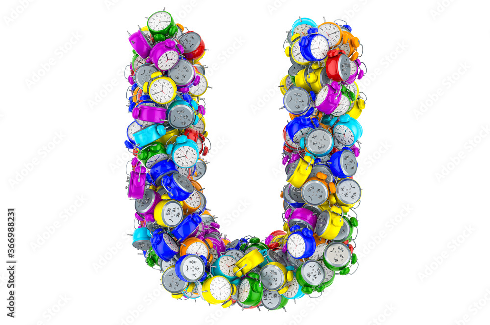 Letter U from colored alarm clocks, 3D rendering Letter U from colored alarm clocks, 3D rendering