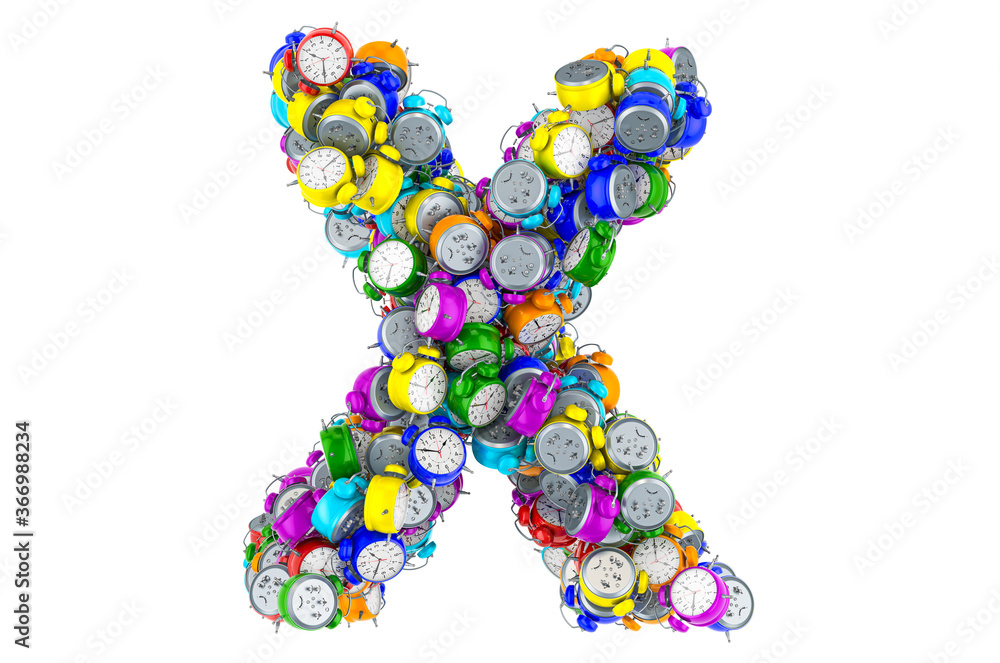Letter X from colored alarm clocks, 3D rendering Letter X from colored alarm clocks, 3D rendering