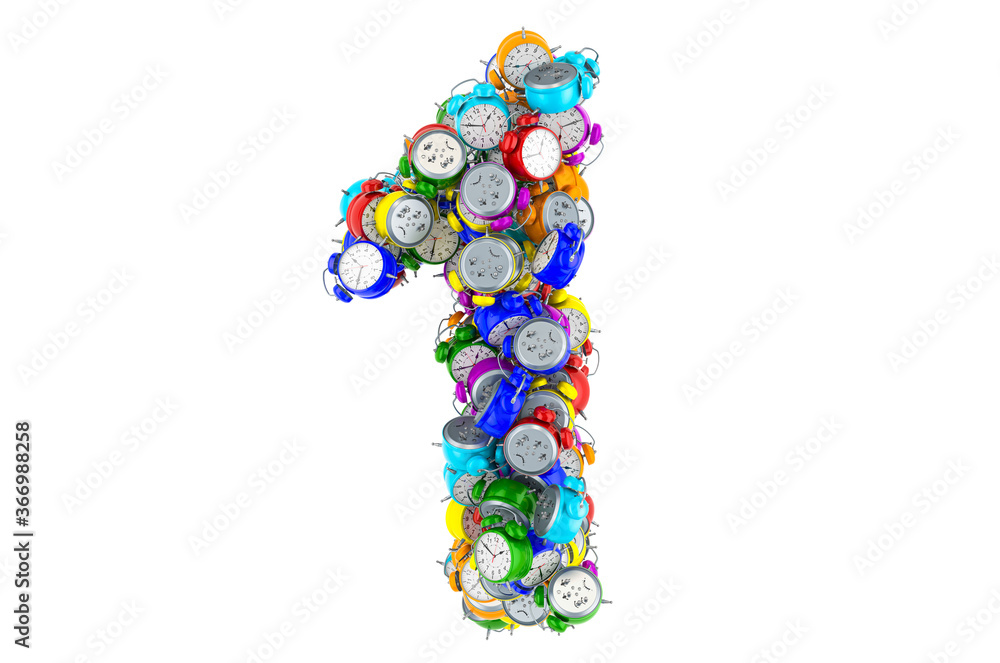 Number 1 from colored alarm clocks, 3D rendering Number 1 from colored alarm clocks, 3D rendering