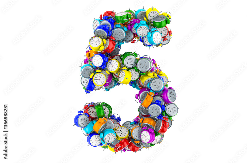 Number 5 from colored alarm clocks, 3D rendering Number 5 from colored alarm clocks, 3D rendering