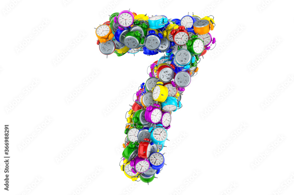 Number 7 from colored alarm clocks, 3D rendering Number 7 from colored alarm clocks, 3D rendering