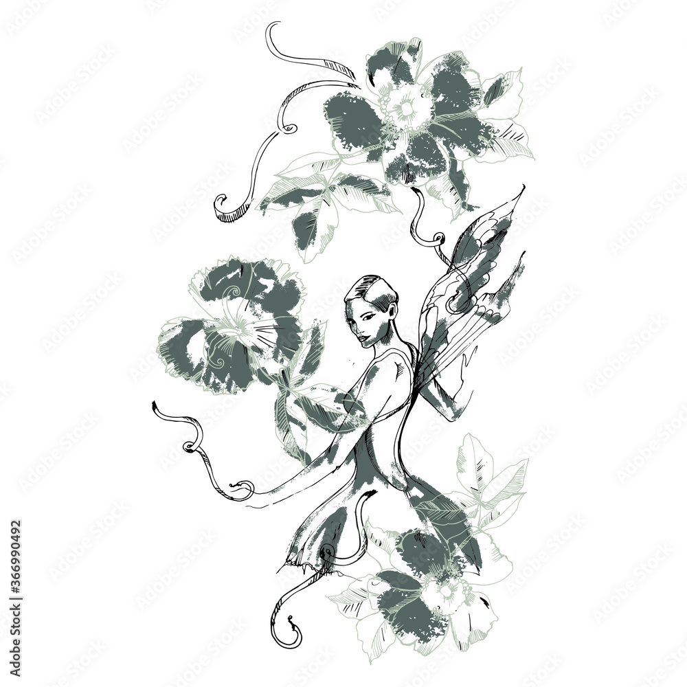 angel girl floral design vectorel drawing pattern.eps angel girl floral design vectorel drawing pattern.eps