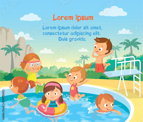 Kids in aqua park swimming pool swimming and jumping from diving platform girl in swim ring, having fun sunbathing sunbathe