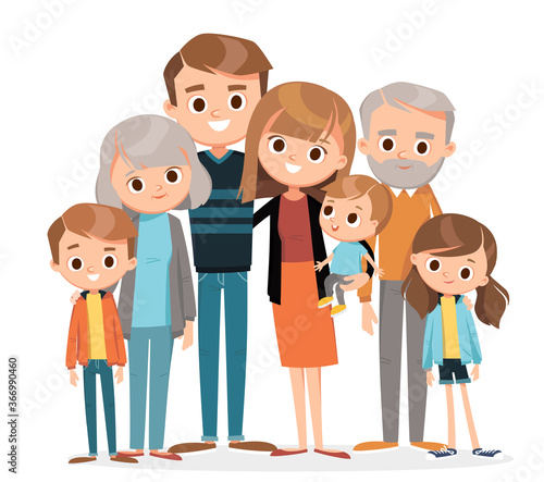 Big family portrait. Vector people. Mother and father with babies, children and grandparents.