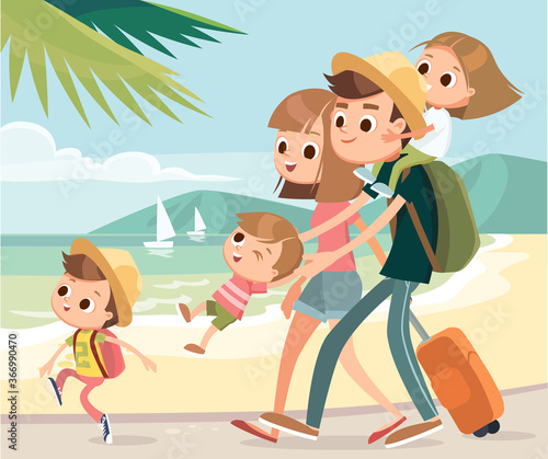 Family on overseas vacation on seashore walking by beach family arrived at tropical resort destination