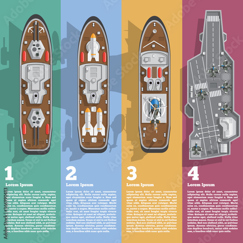 Illustration of various warships. View from above. Design a presentation template. Vector illustration. 