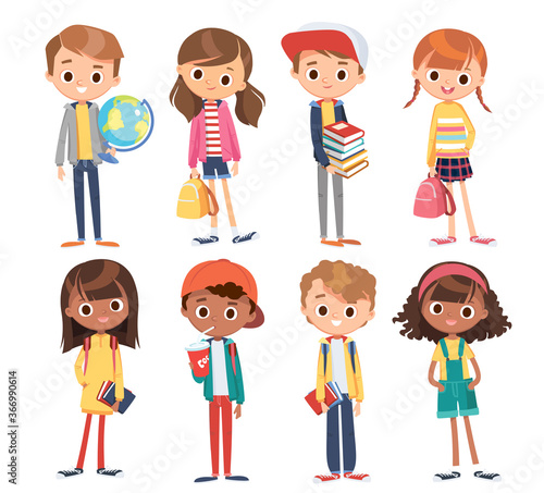 Big set of 8 eight happy teenager kids in different clothes. Cartoon characters School children boy and girls with books. Education vector.