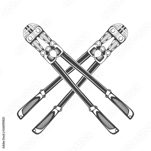 Vintage monochrome crossed bolt cutter illustration. Isolated vector template