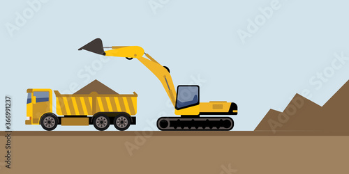 excavator and truck on the ground loading dirt, vector illustration 