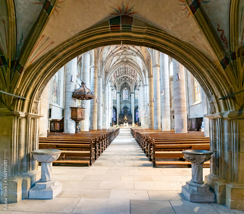 interior view of the minster in Schwaebisch Gmuend with the altar and choir