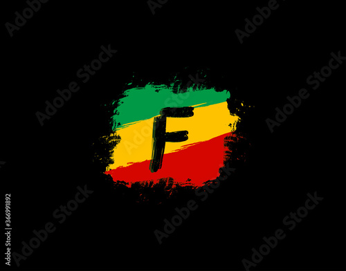 F Letter Logo In Square Grunge Shape With Splatter and Rasta Color. Letter F Reggae Style Icon Design.