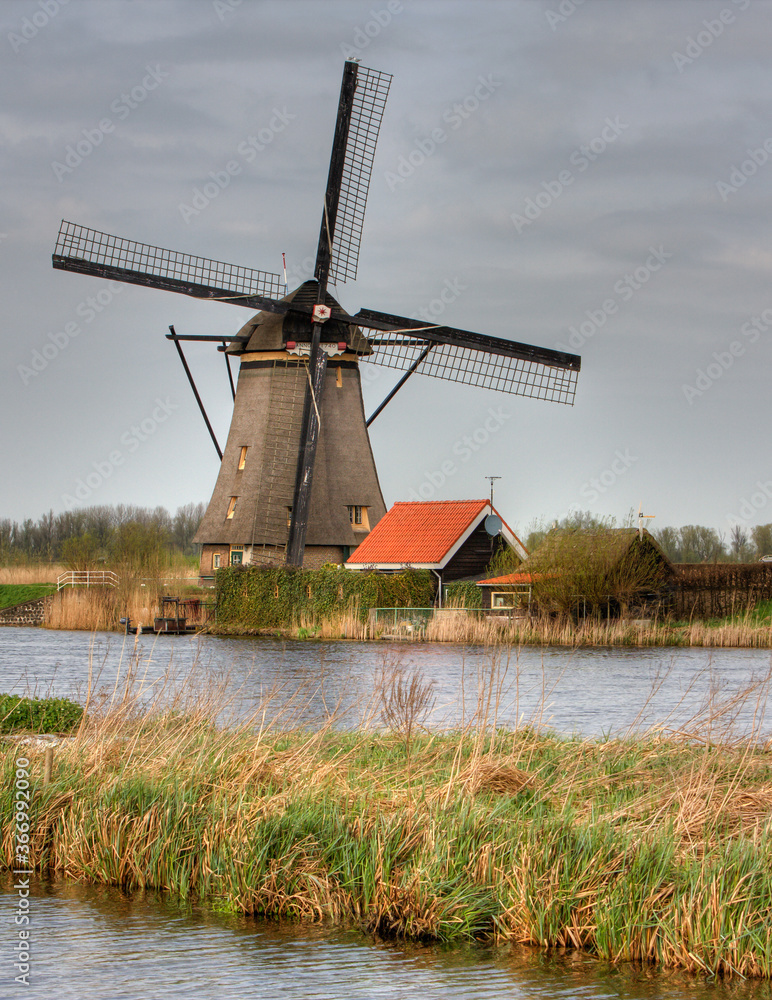 Kinderdijk, Netherlands;  A working windmill at Kinderdijk