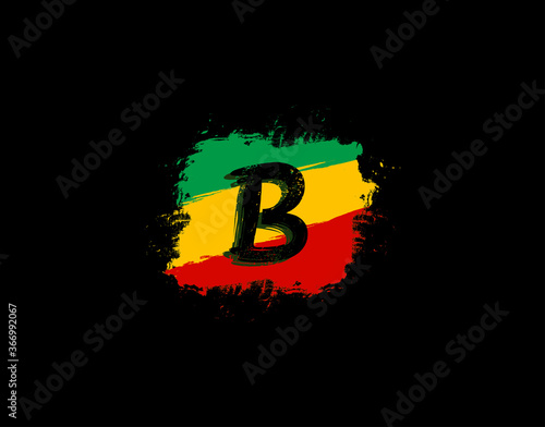 B Letter Logo In Square Grunge Shape With Splatter and Rasta Color. Letter B Reggae Style Icon Design.