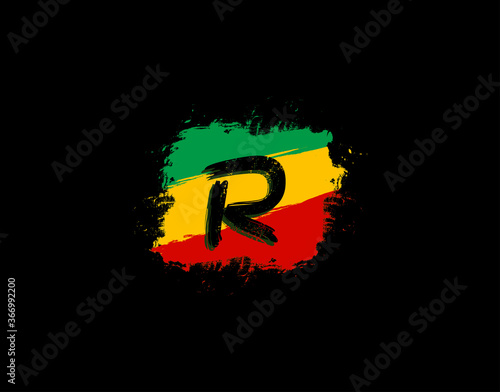 R Letter Logo In Square Grunge Shape With Splatter and Rasta Color. Letter W Reggae Style Icon Design.