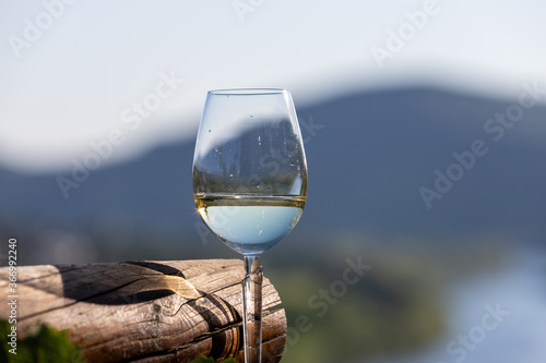 Filled wine glass next to wooden beam