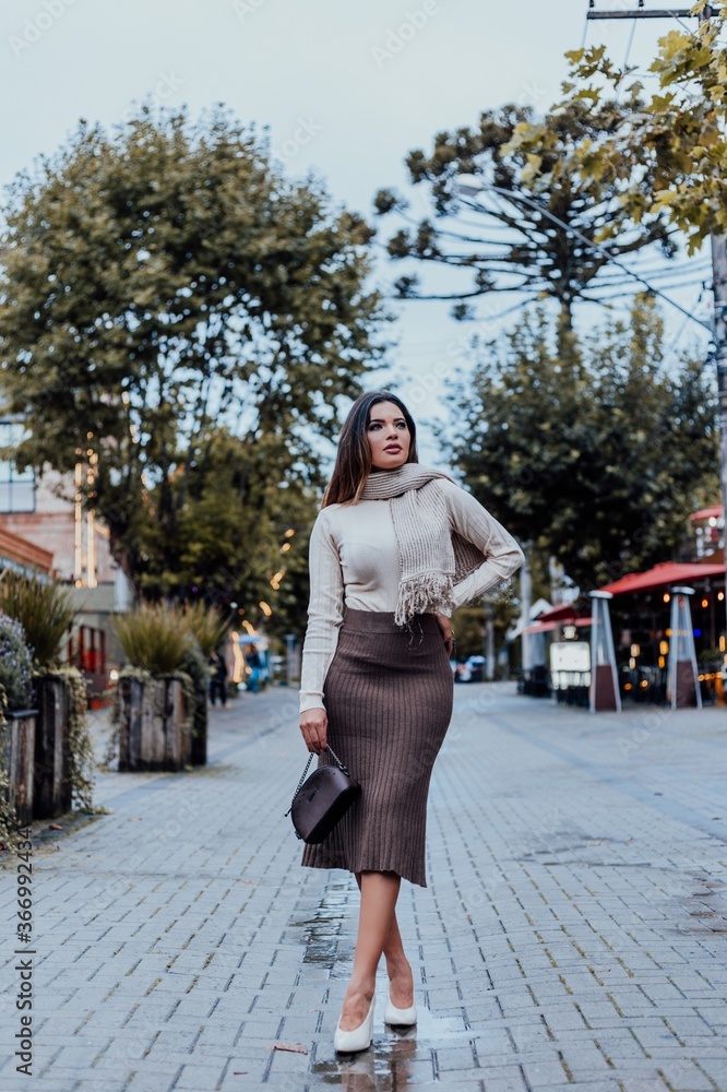 Beautiful model posing for photos on the street. Wearing brown skirt, white blouse and black purse.