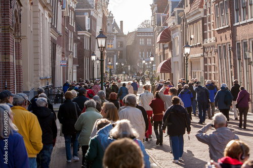 Hoorn, Netherlands; Crowds of mostly local people walking the streets of downtown Hoorn