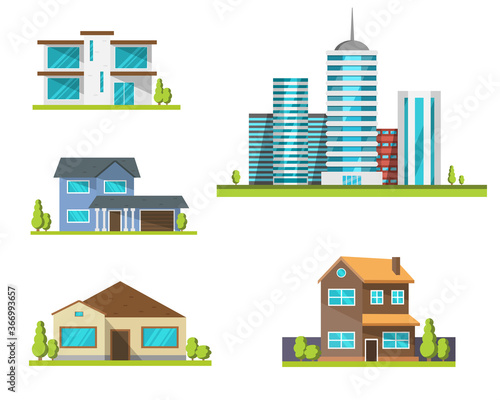 Different city buidings isolated on a white background. Colorful houses set. Skyscrapers. Real estate illustration. Home.