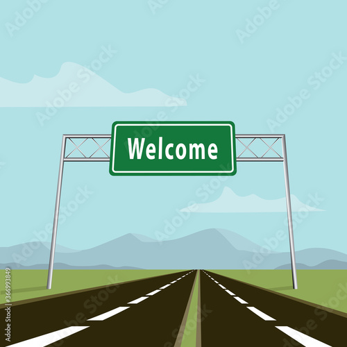 road with welcome road sign post, vector illustration 