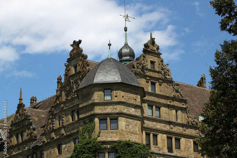 View of the upper floors and the roof of the old castle Neuenstein.
