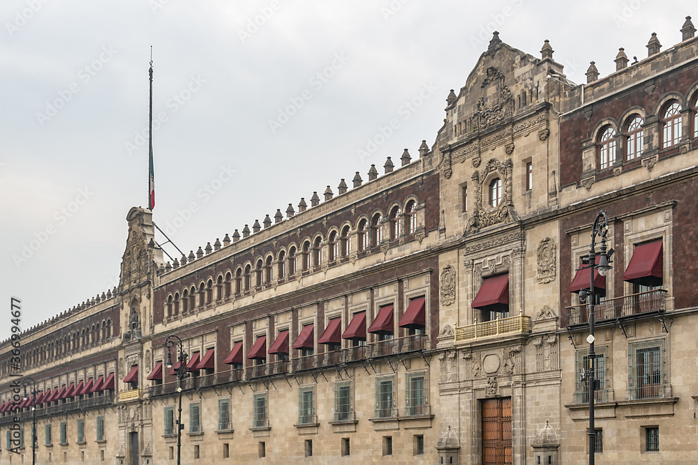 Architectural fragment of Palacio Nacional (National Palace or President's Palace). National Palace is the seat of the federal executive in Mexico. Zocalo, Plaza de la Constitucion, Mexico City.