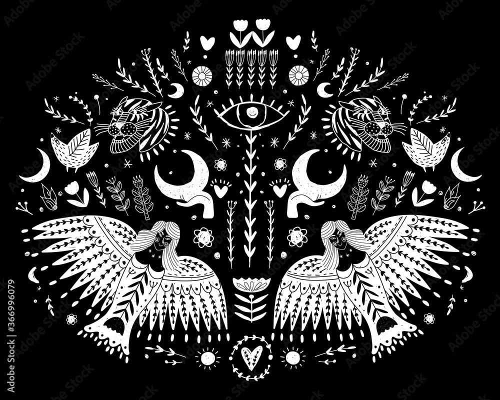 Obraz premium Modern bohemian style, folk tribal art in the Scandinavian style. Folk mythology, Swedish folklore. animals and plants.