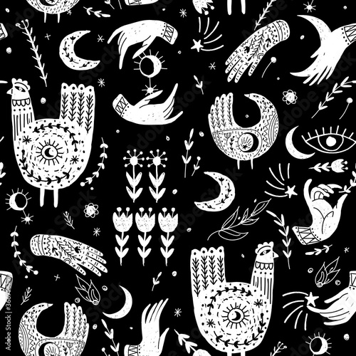 Modern bohemian style, folk tribal art in the Scandinavian style. Folk mythology, Swedish folklore. animals and plants.