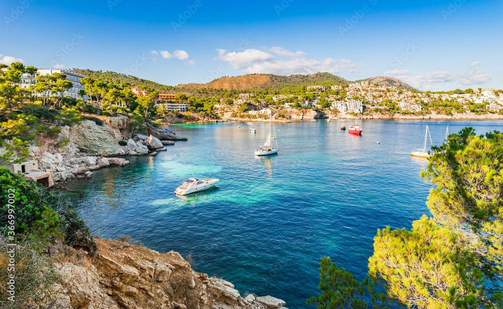 Panorama view of coast bay with boats at Cala Fornells, Mallorca, Spain