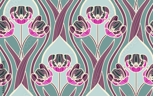 Art Nouveaul Seamless Pattern with Tulip Flowers.