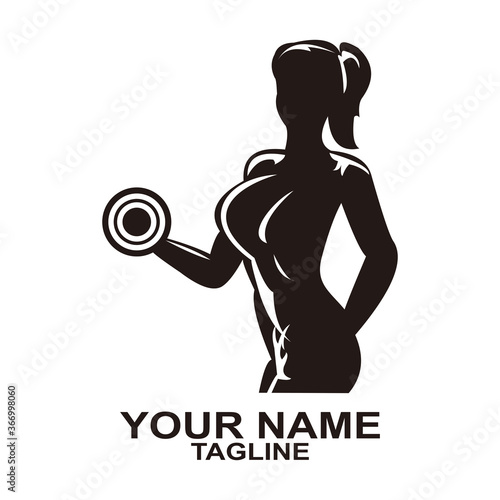 Fitness club logo or emblem with woman silhouette. Woman holds dumbbells