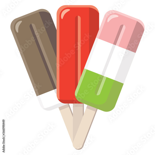 three ice creams, fruit and chocolate flavor, vector illustration