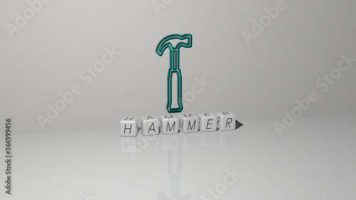 Quadro su tela 3D representation of hammer with icon on the wall and text arranged by metallic cubic letters on a mirror floor for concept meaning and slideshow presentation