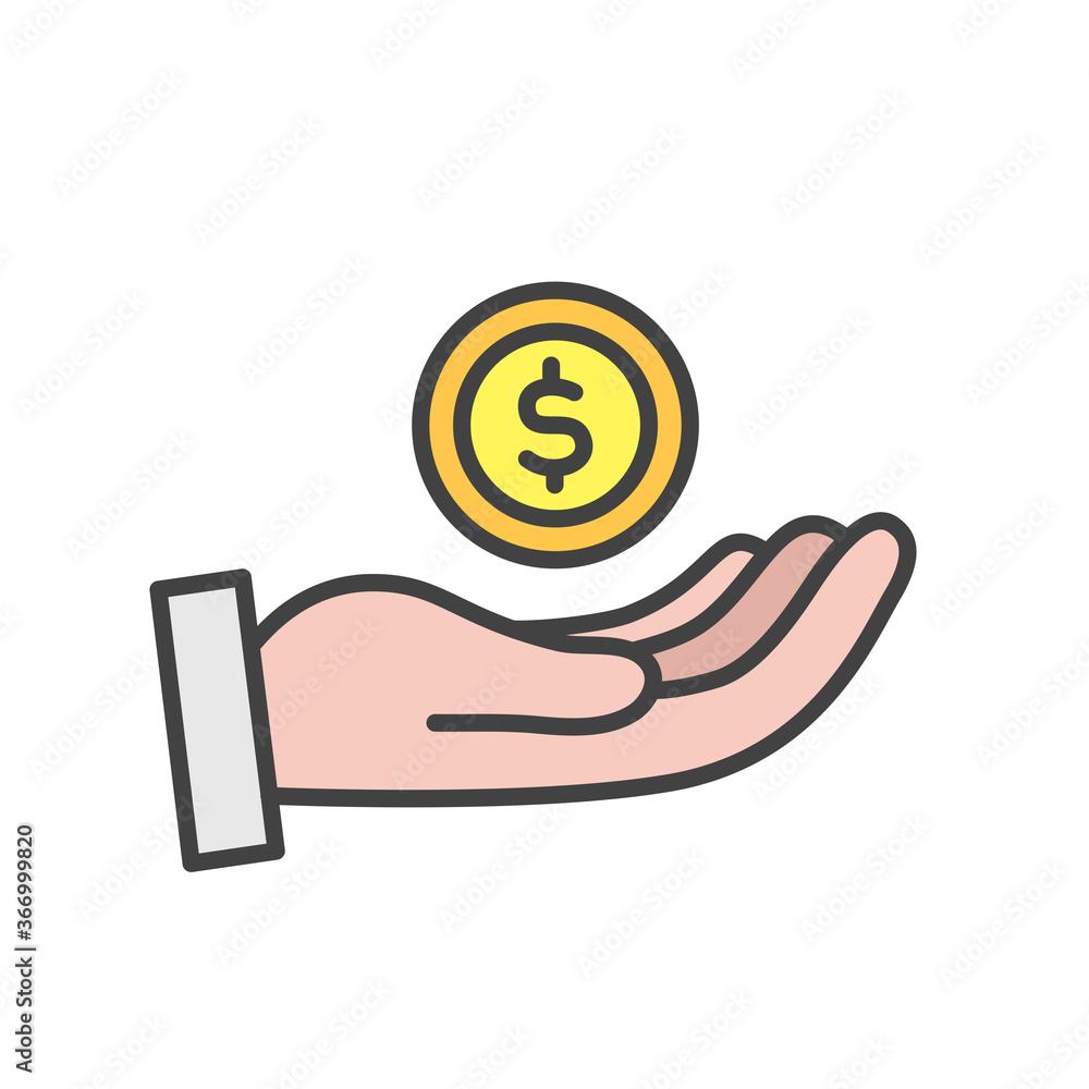 Hand holding coin. Vector icon. Hand holding coin. Vector icon.