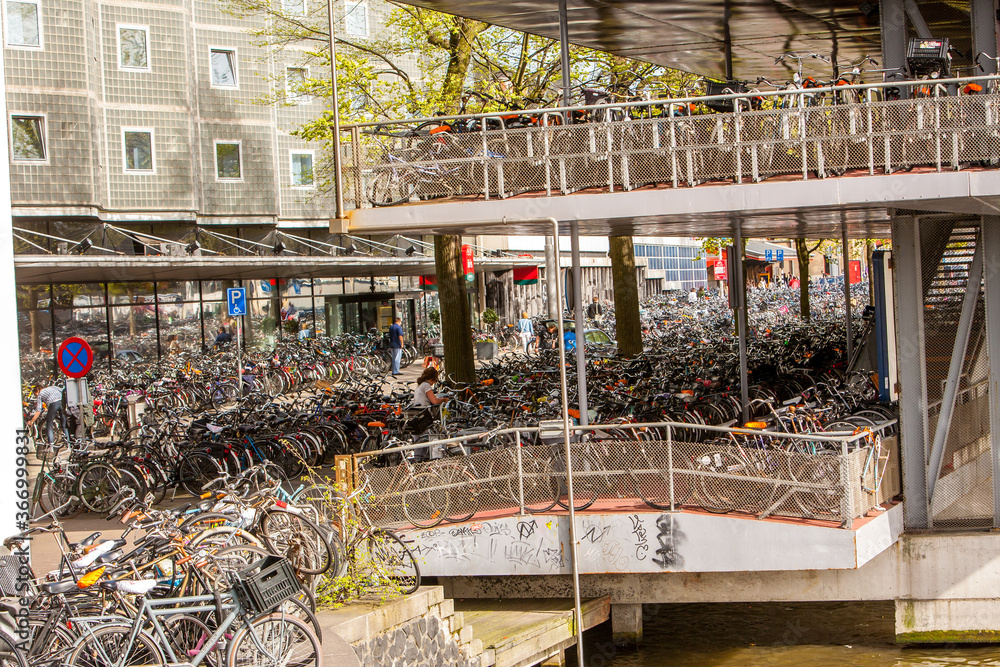 Amsterdam, Netherlands;  A bicycle parking lot where thousands of bicycles are parked each day in Amsterdam..
