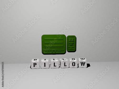 3D illustration of pillow graphics and text made by metallic dice letters for the related meanings of the concept and presentations. background and bed photo