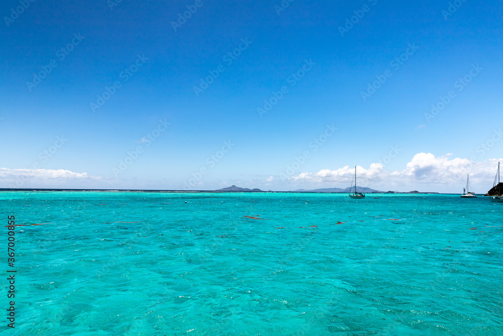 Saint Vincent and the Grenadines, Sailboats on mooring in Tobago Cays