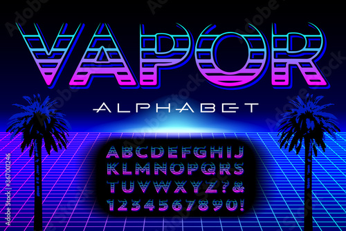 A Stylized Alphabet Constructed with Horizontal Strokes. This Font is in the Style and Color Palette of Vaporwave or Synthwave Graphics