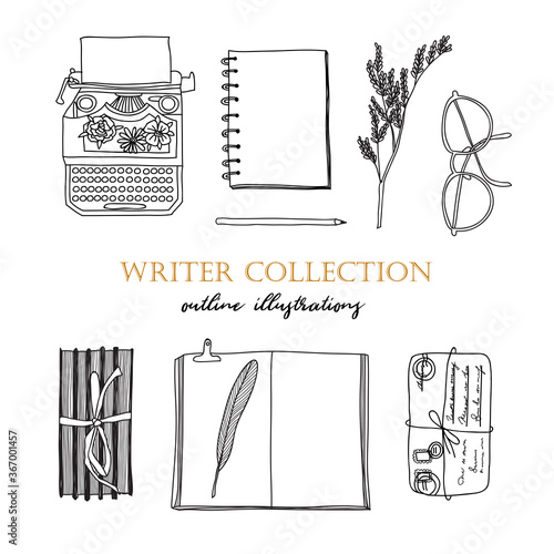 Writer collection. Writing icons, line art illustrations on white isolated background. Typewriter, notebook, pen, books