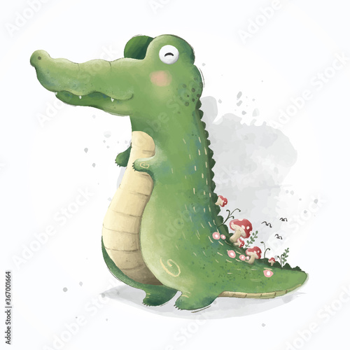 Happy Alligator With Mushrooms Over His Back