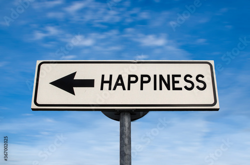 Happiness road sign, arrow on blue sky background. One way blank road sign with copy space. Arrow on a pole pointing in one direction.
