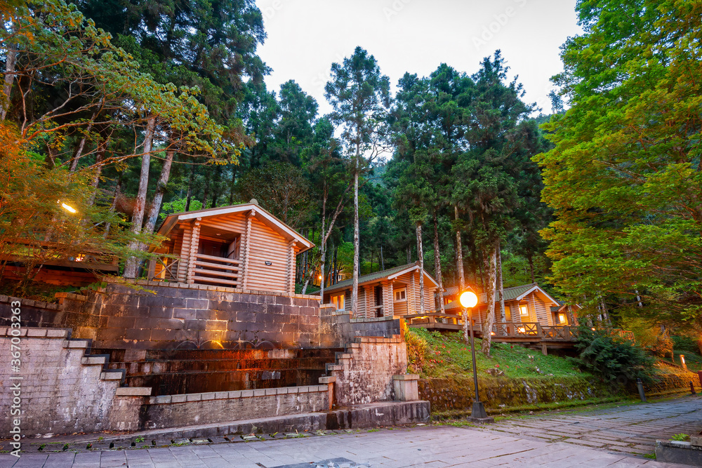 Night view of the wooden house in Mingchi National Forest Recreation Area Night view of the wooden house in Mingchi National Forest Recreation Area