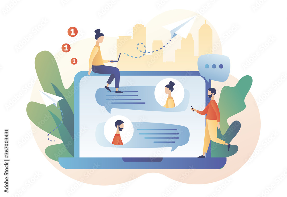 Obraz premium Tiny people using laptop for chatting. Mobile chat App. Online communication, social networking, messages, speech bubbles. Modern flat cartoon style. Vector illustration on white background