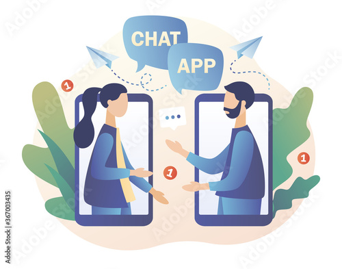Mobile chat App. Online communication, social networking, messages, speech bubbles. Tiny people chatting in mobile smartphone screen. Modern flat cartoon style. Vector illustration on white background